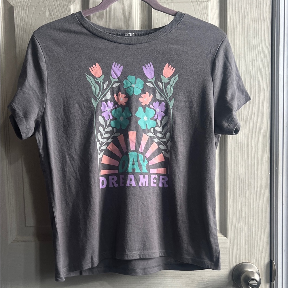 Gray Graphic Tee with Floral Design